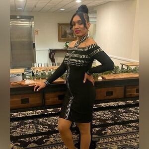 VENUS Black with Gold Studded Long Sleeve Dress